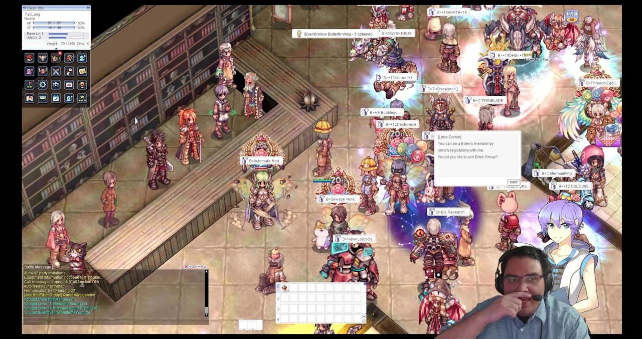 In-game scene showing a dialog from Lime Evenor regarding joining Eden Group, with character options and other player characters visible.
