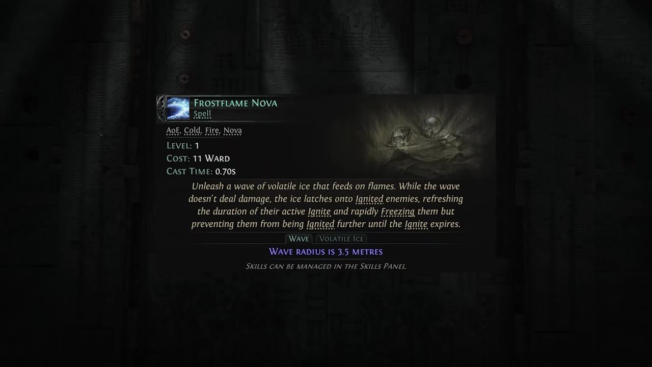 Game interface showing details of Frostflame Nova skill with description and attributes.
