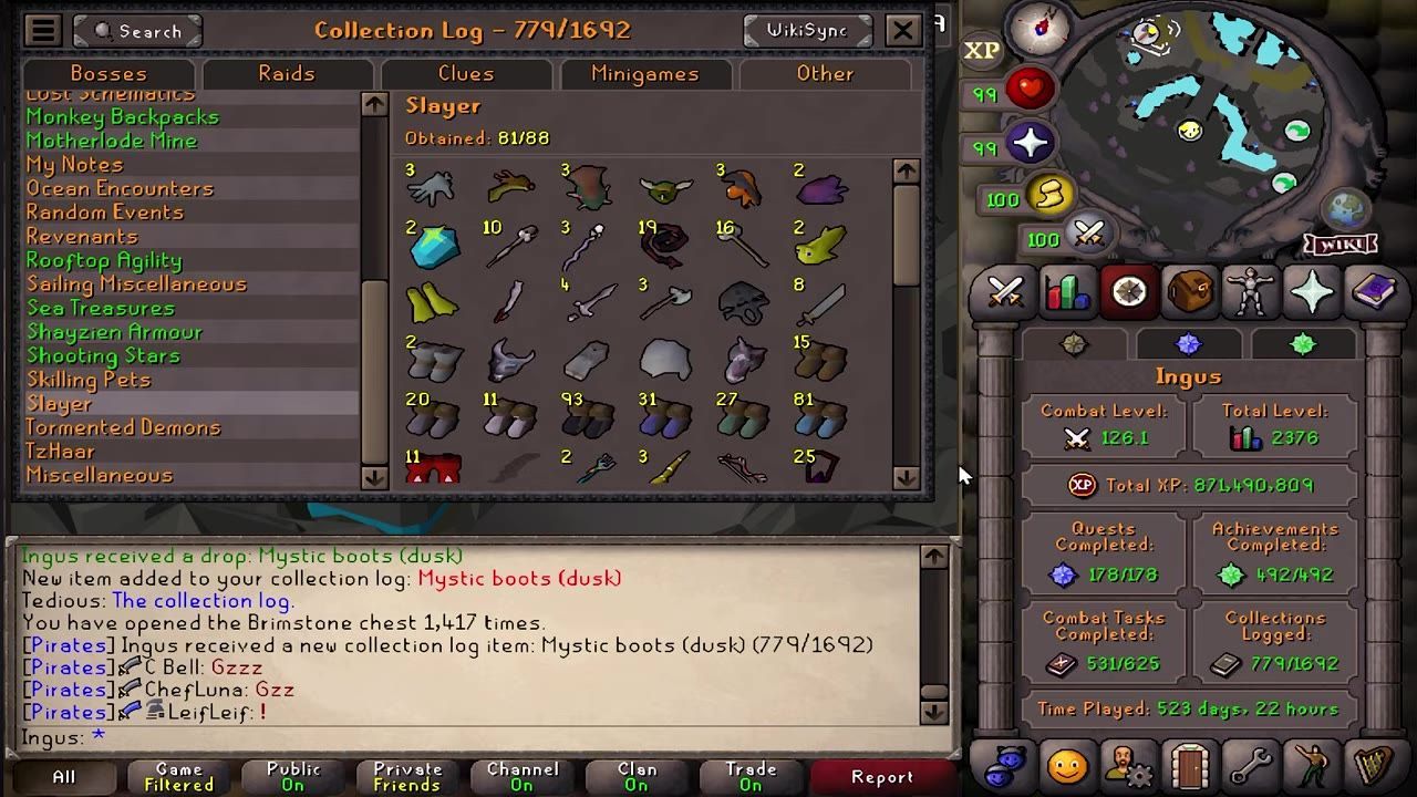 A game interface showing a collection log screen, including items received from Brimstone chest attempts.