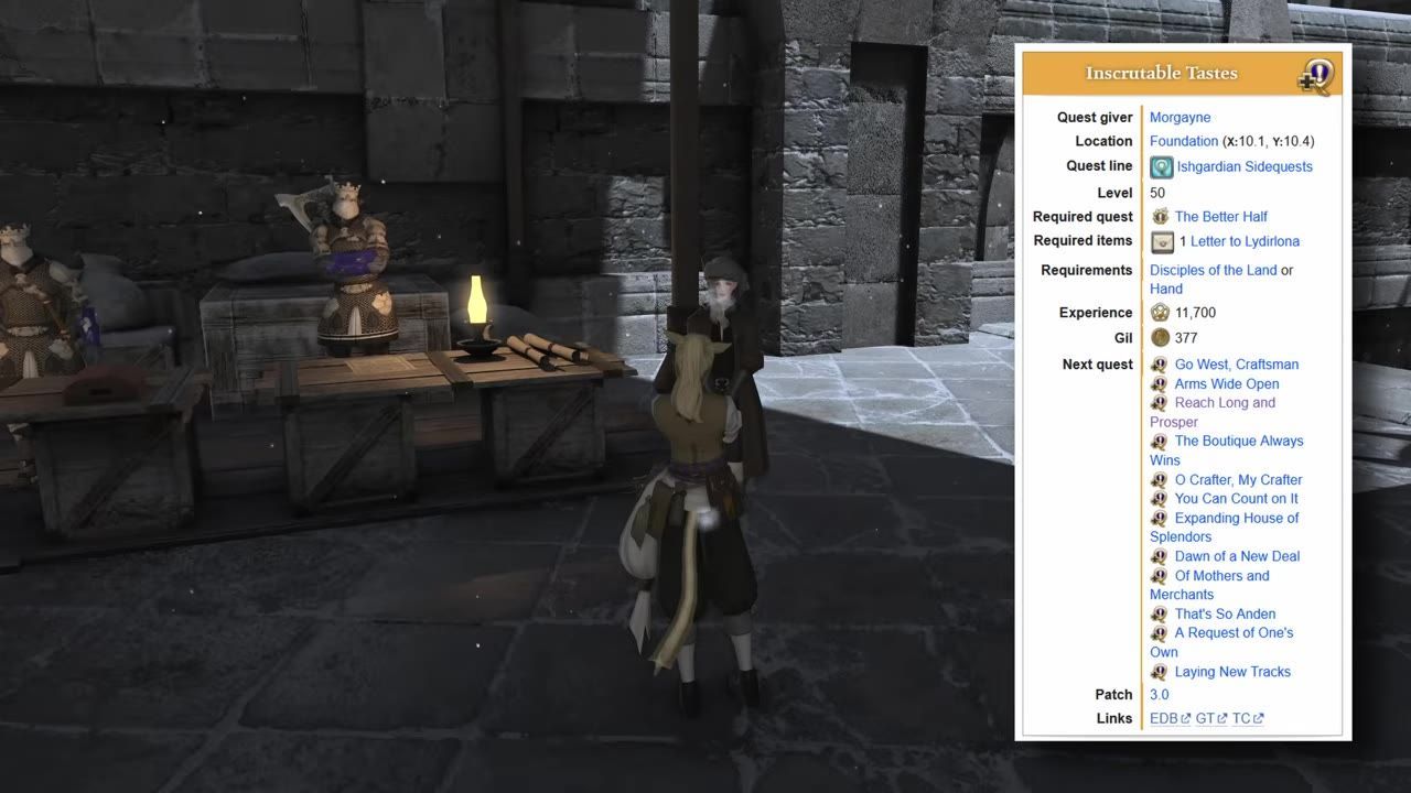 A character standing before an NPC with a quest information panel visible on the right.