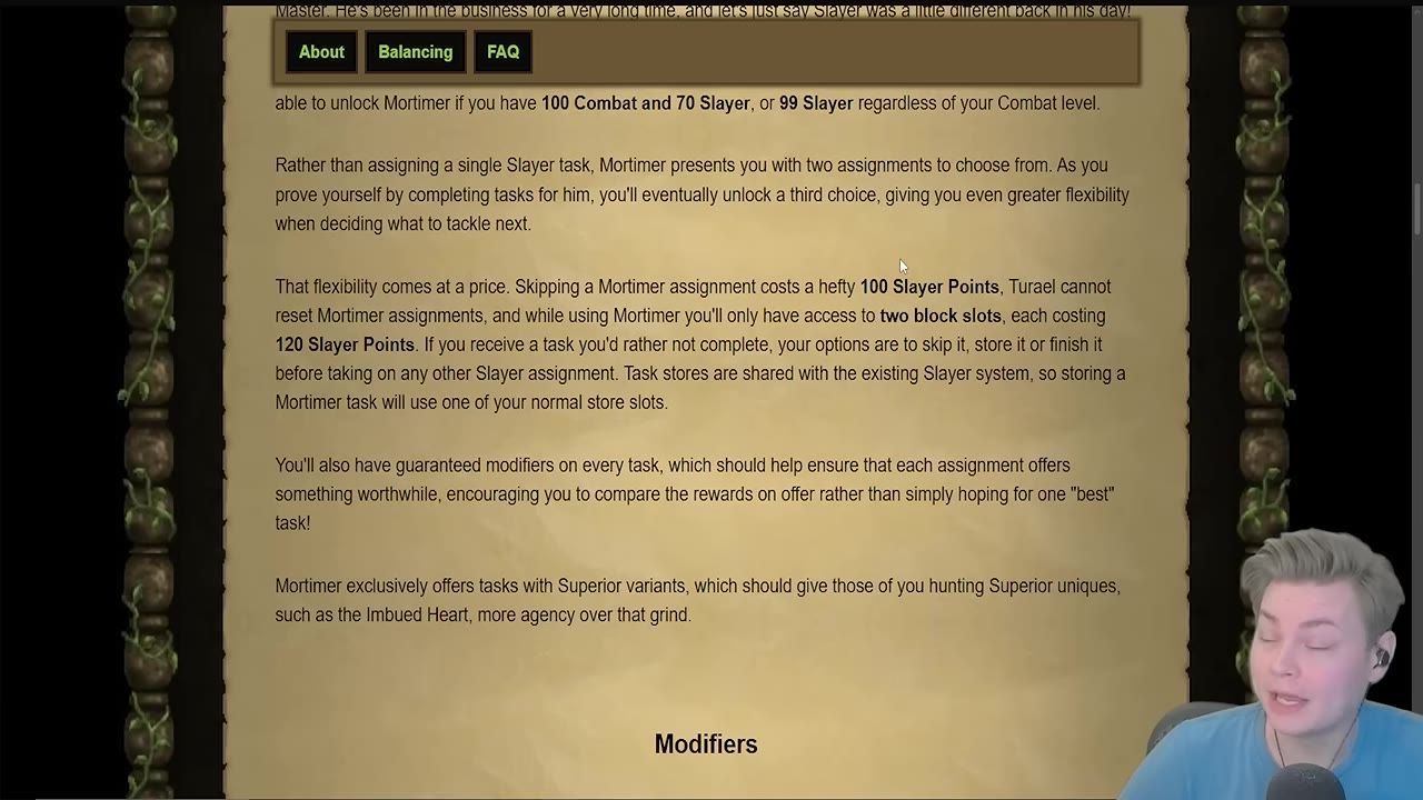 Screenshot of a page discussing Mortimer's assignment costs and options in a game.