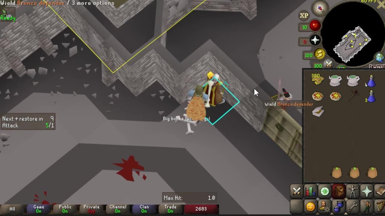 A gameplay scene showing an interface with inventory and actions in a warriors guild environment.