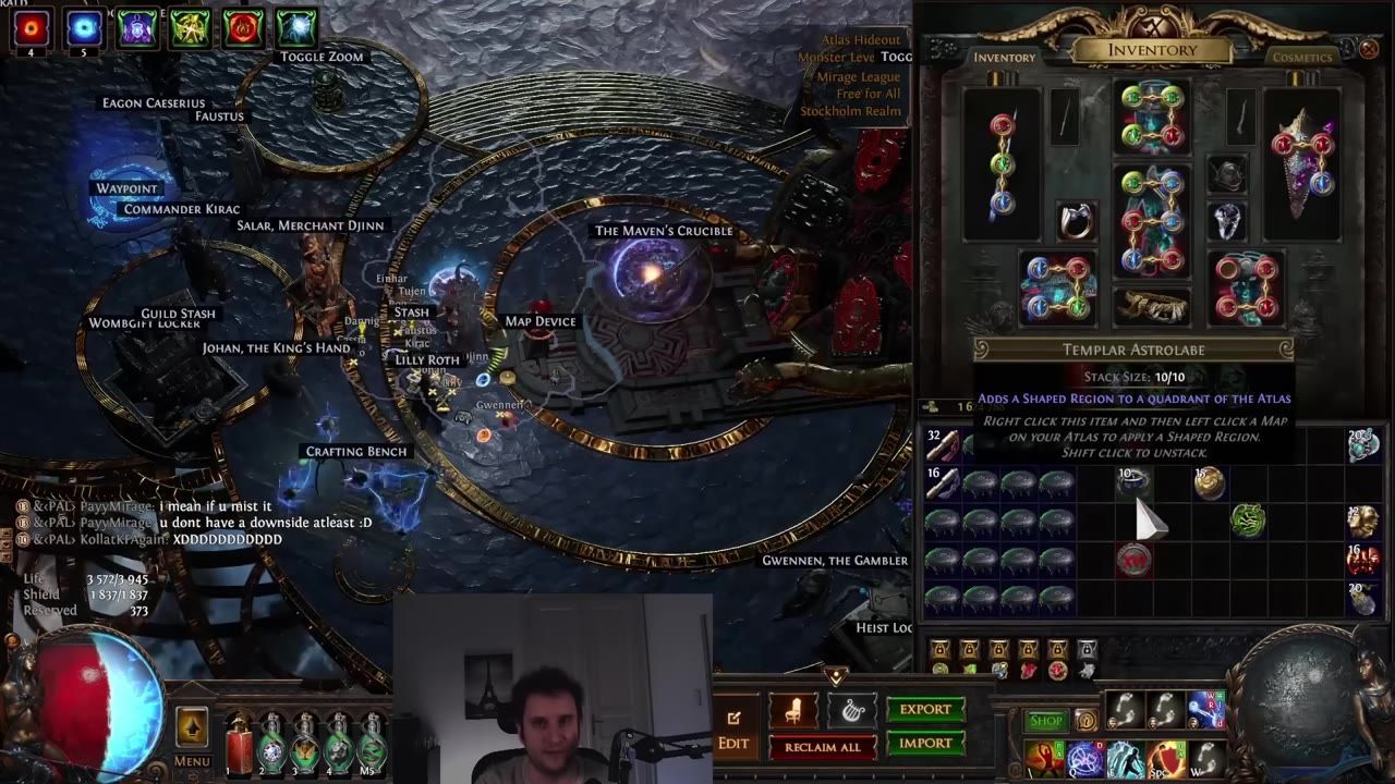 A game screen showing inventory items including Templar Astrolabes and an Atlas hideout environment.