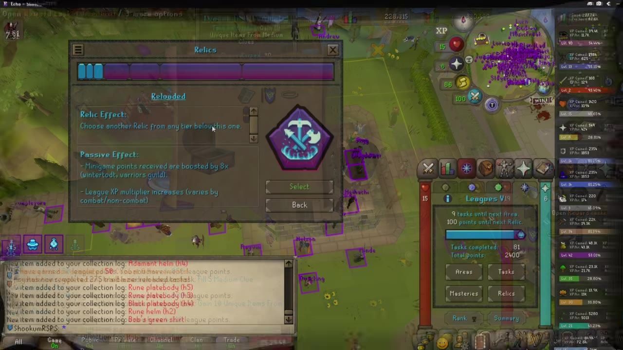 UI showing the Reloaded relic benefits panel information.