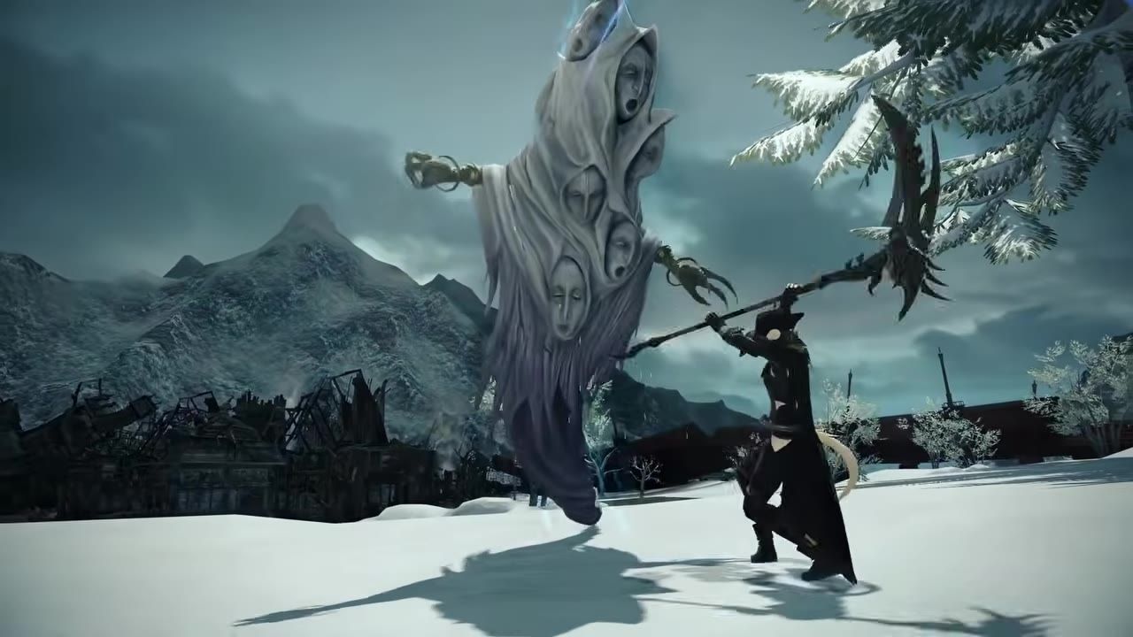 A character in dark attire wielding a scythe, summoning an ethereal entity with multiple faces in a snowy landscape.