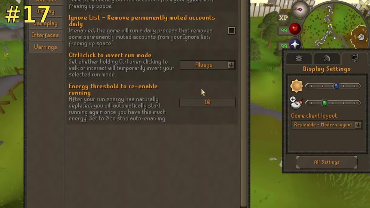 Game settings menu showing energy-related options for automatic running.