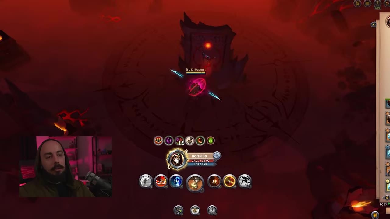 A character in a dark, reddish environment uses an item near a portal.