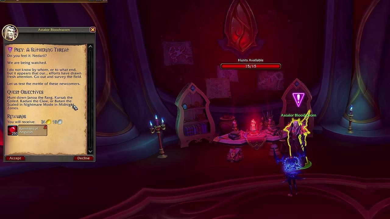 An in-game screen showing a quest interface with objectives and rewards and a character named Astalor Bloodsworn.