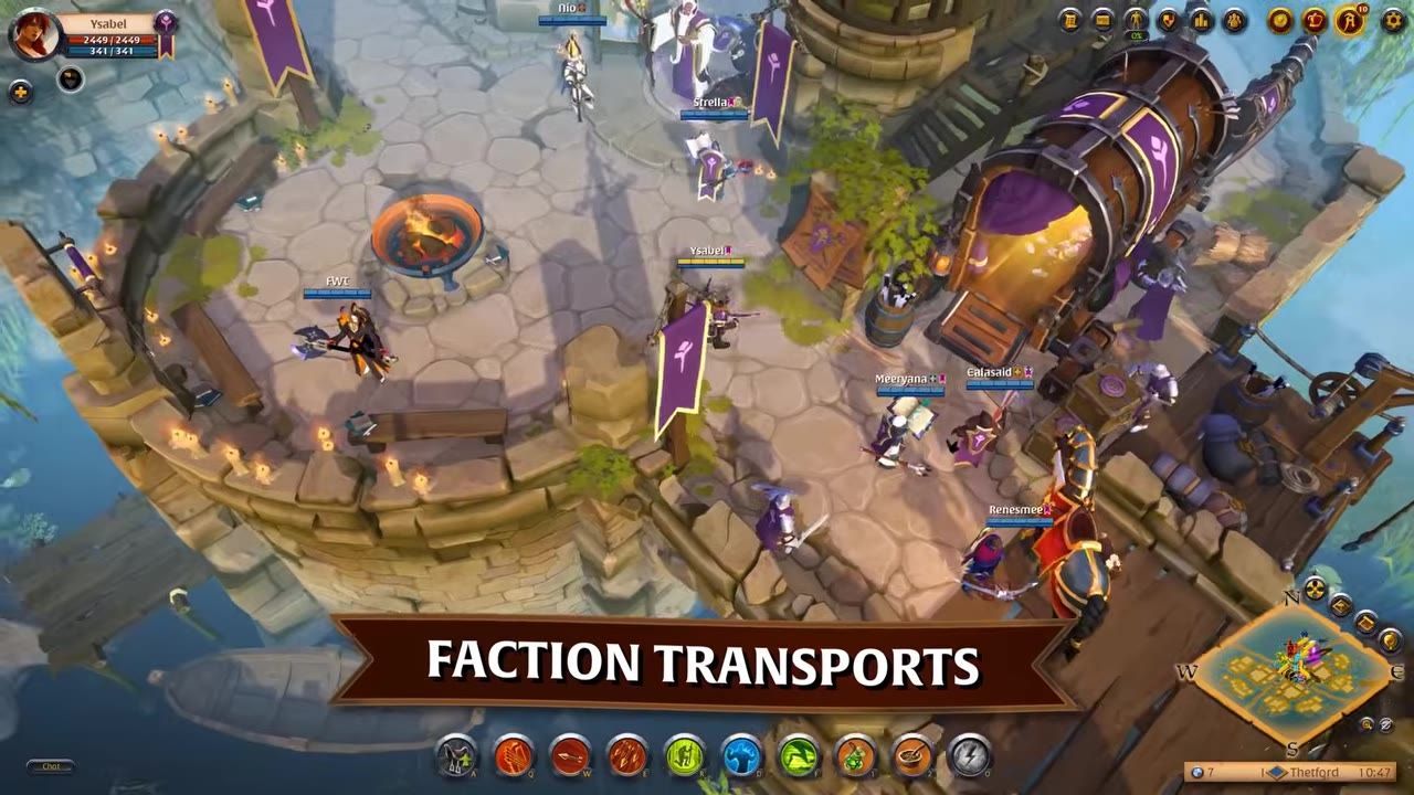 A game scene showing players gathered in a safe zone with banners and structures.