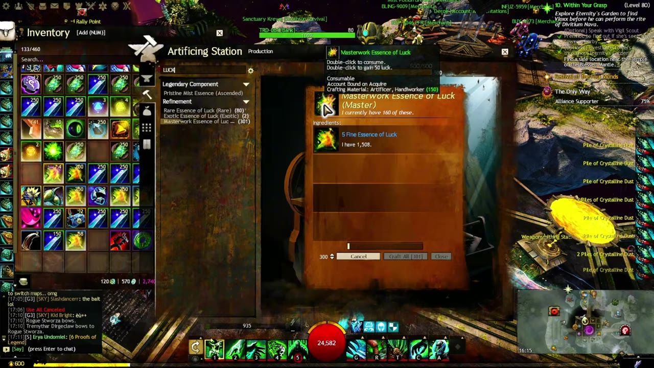 Artificing Station screen showing refinement of luck essence.