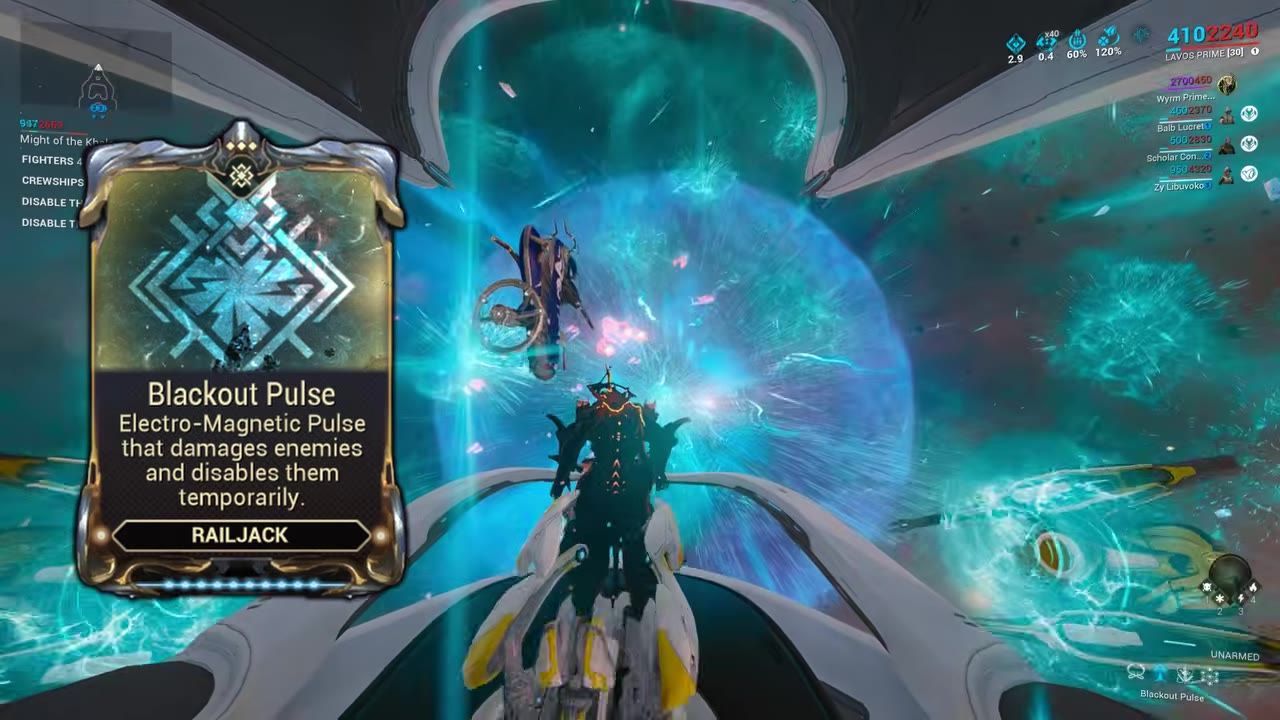 A space scene showing the Blackout Pulse effect on enemy ships, with the ability's card on the left.