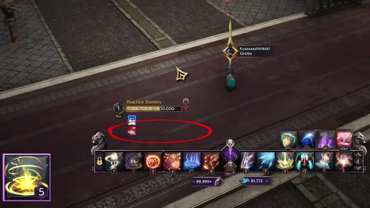 Game interface showing an action bar, enemy health, effects applied to a practice dummy, and part of a combat environment.