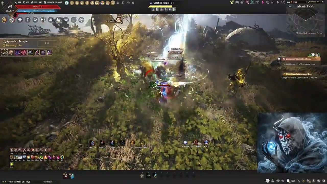 Gameplay scene featuring combat at Aphrodon Temple with multiple enemies attacking the player character.