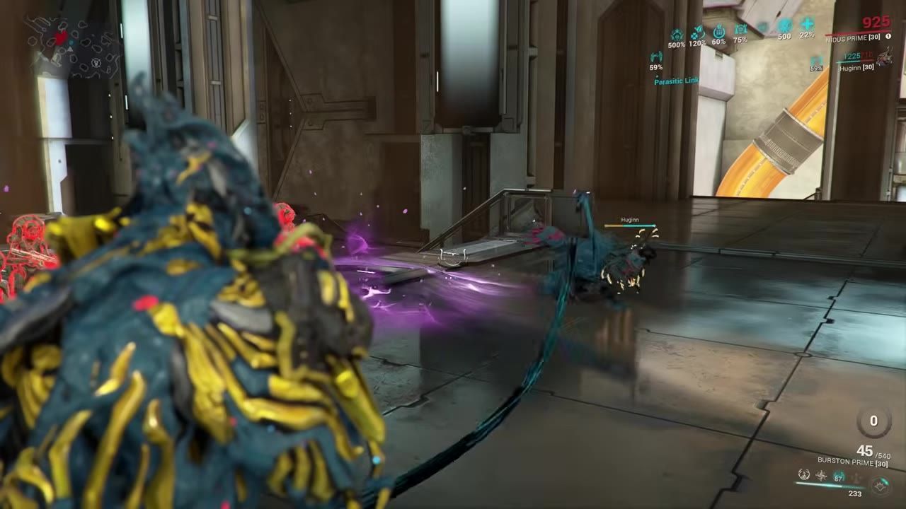 Video game character Nidus using Parasitic Link ability on an ally with associated visual effects visible.