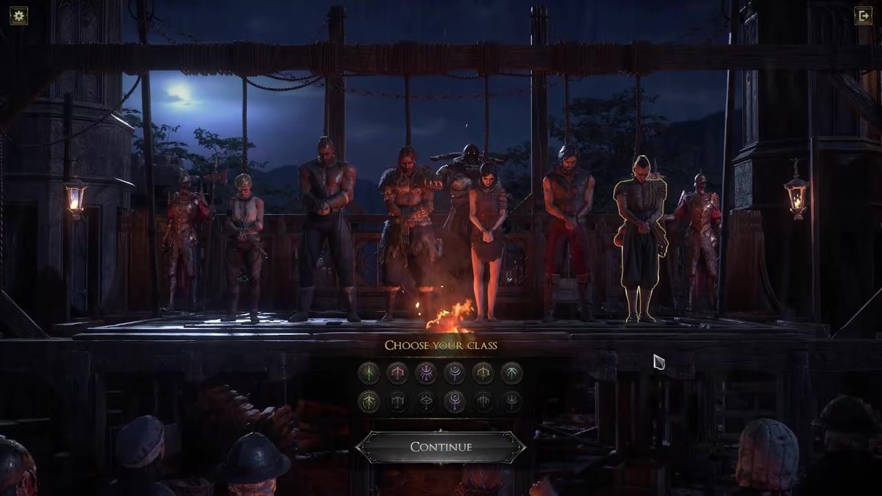 A selection screen for character classes in a fantasy RPG game, showing multiple characters with associated icons.