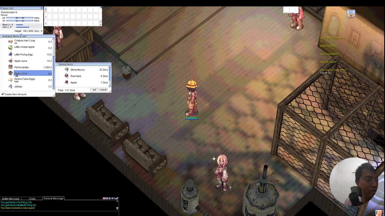 A novice character stands inside a wooden academy-like room with NPCs, while inventory and selling windows are open on the left and a chat log appears at the bottom.