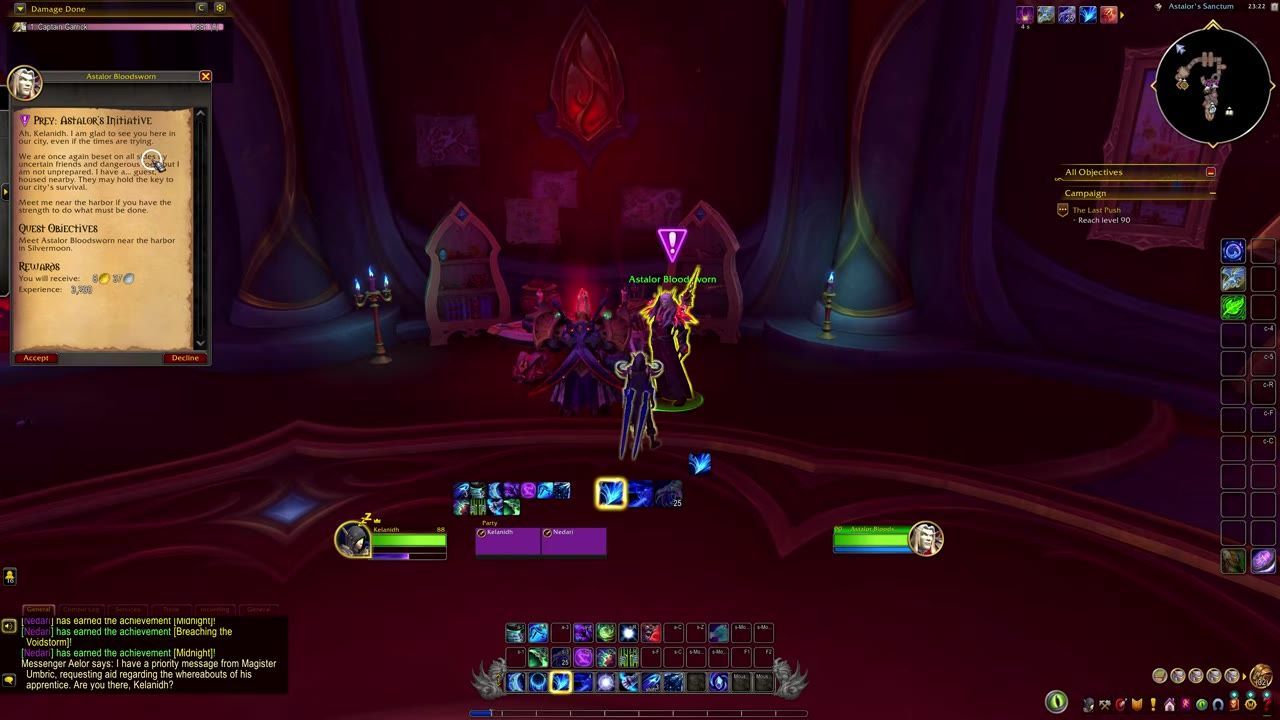 Game interior with a character interacting with an NPC named Astalor Bloodsworn in a sanctuary-like setting.