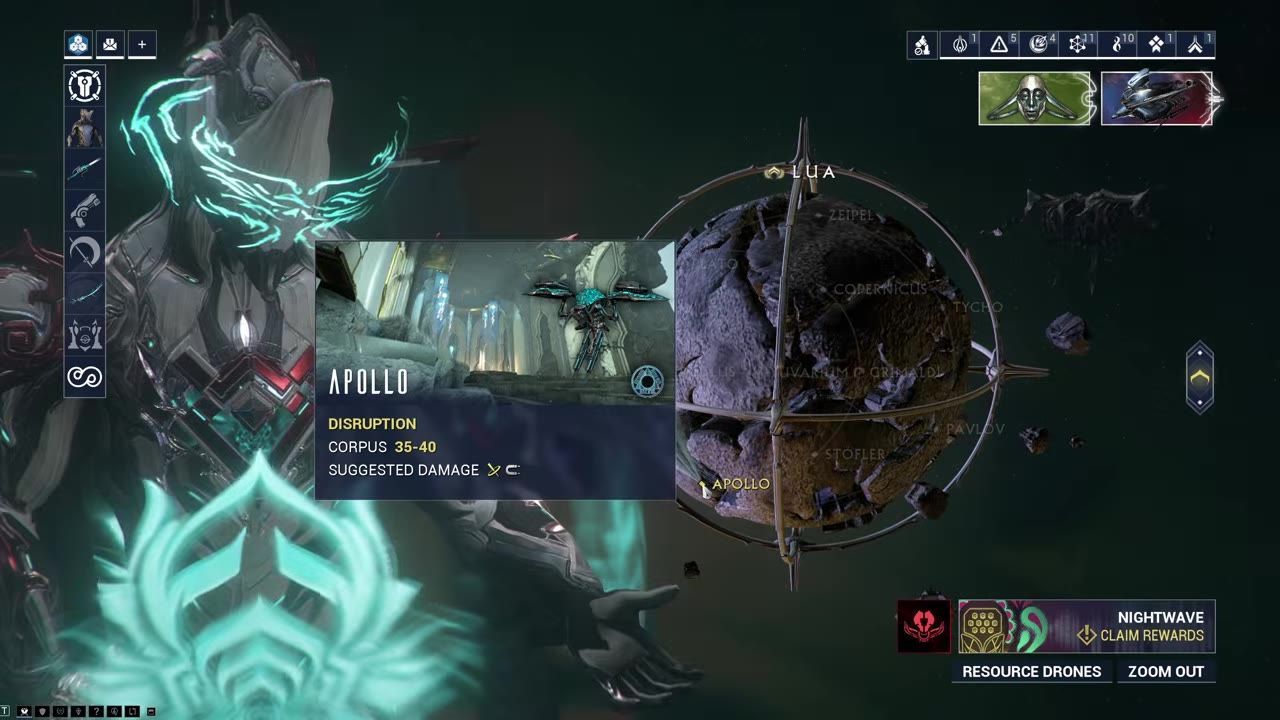 A game map showing Lua with Apollo highlighted for a Disruption mission.