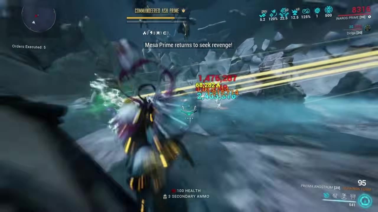 Detailed action gameplay, player attacking a boss with noticeable weapon effects and various on-screen data markers.