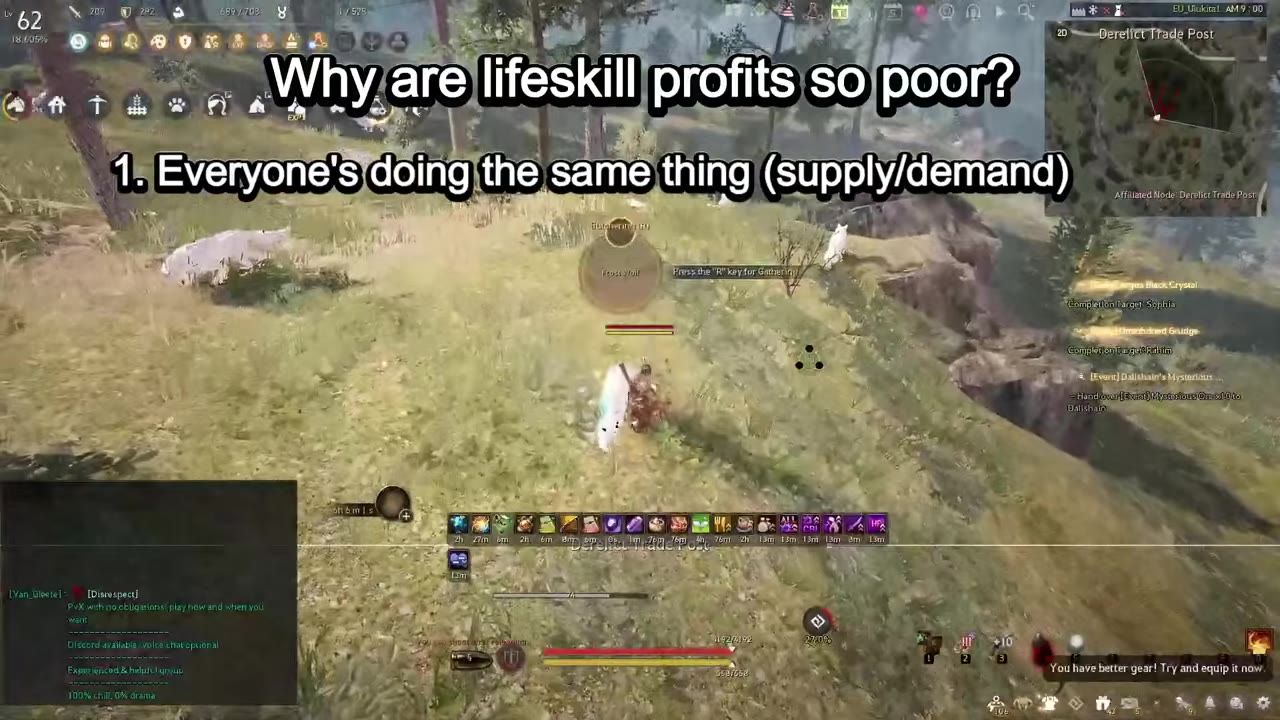 A Black Desert gameplay screen shows the player gathering on a grassy hillside with large overlay text asking why life skill profits are so poor.