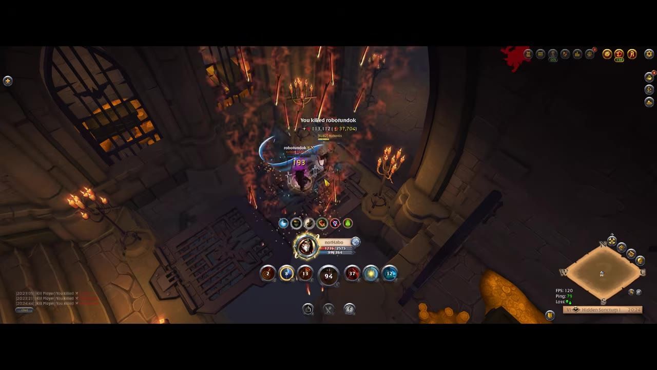 A player is engaged in combat with an enemy in a dungeon environment, with ability effects and combat text visible.