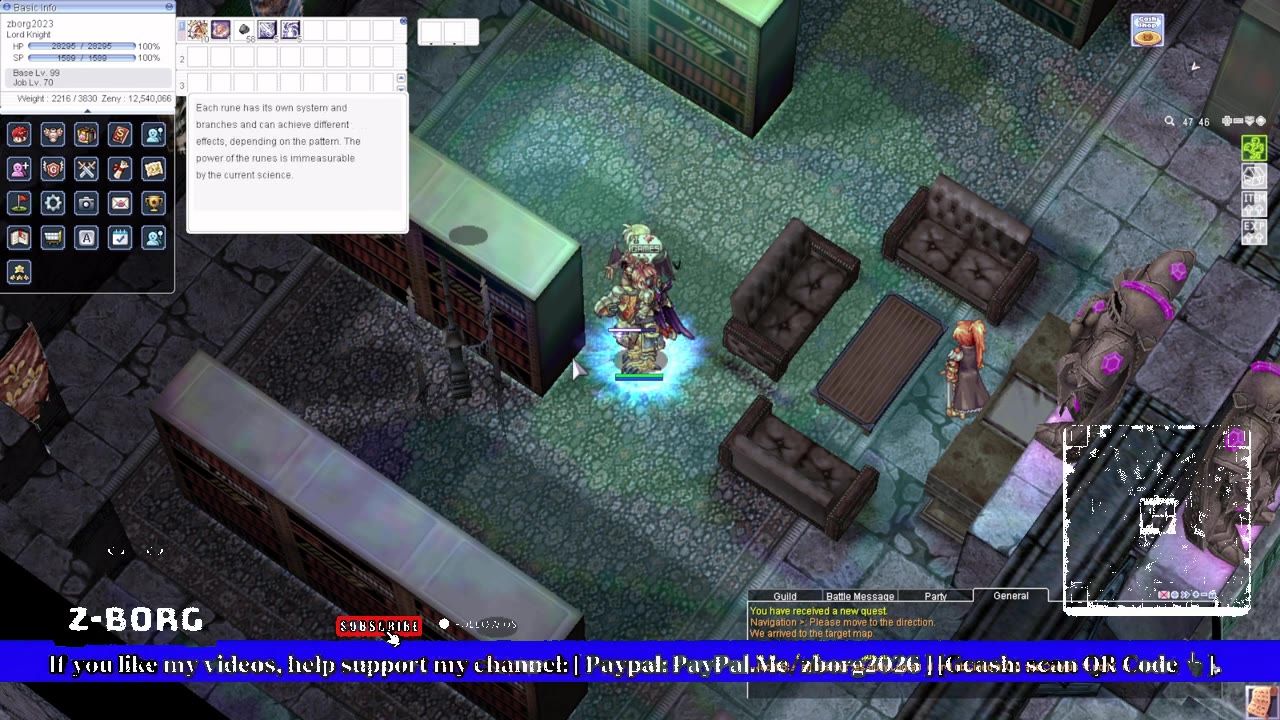 A Rune Knight character stands beside bookshelves and a dialogue window about runes is open in an indoor meeting room.