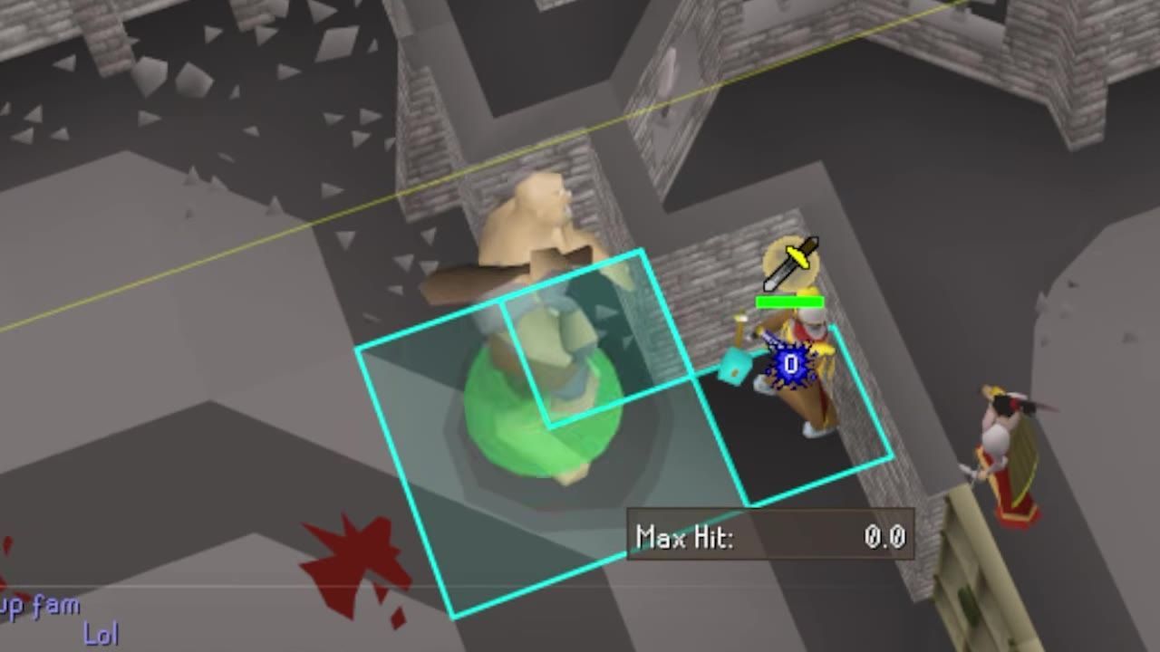 A player character engaging a Cyclops in a small area with highlighted zones and poison dynamite visible.