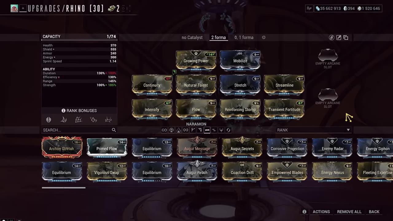 A game screen showing a mod setup for Rhino, highlighting abilities and stats for Steel Path missions.