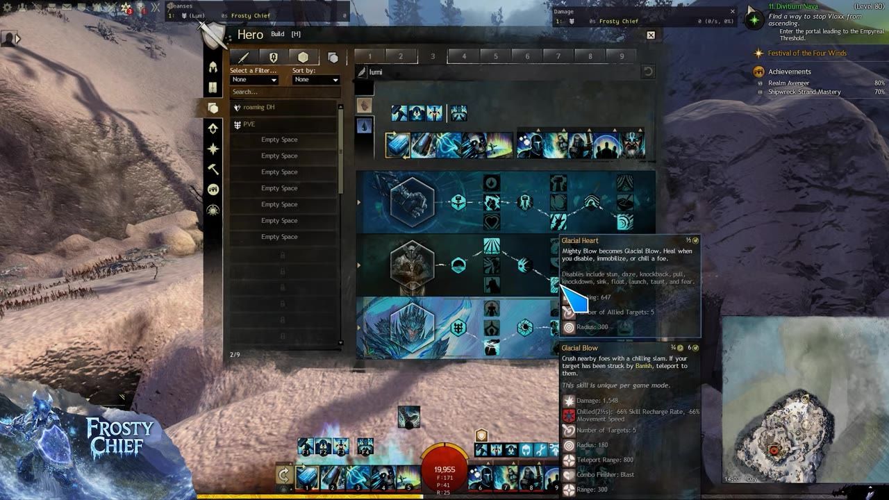 In-game character build screen from a game, showing the Glacial Heart trait tooltip and associated Glacial Blow skill description.