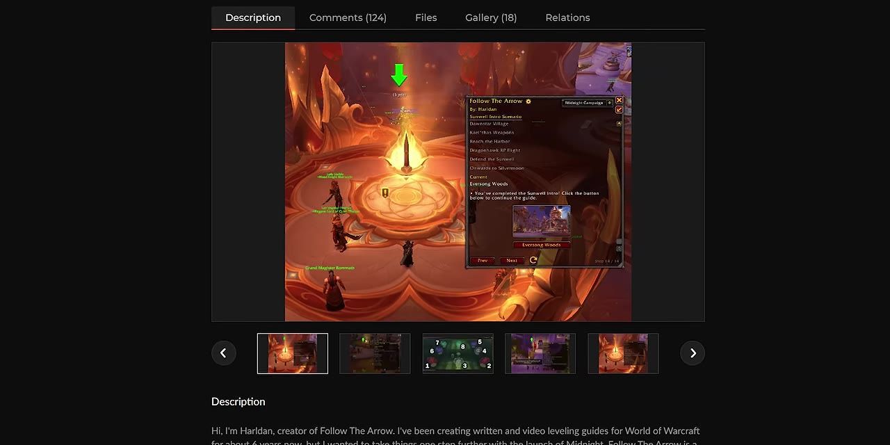 An in-game scene from World of Warcraft showing the 'Follow the Arrow' add-on interface and quest tracking.