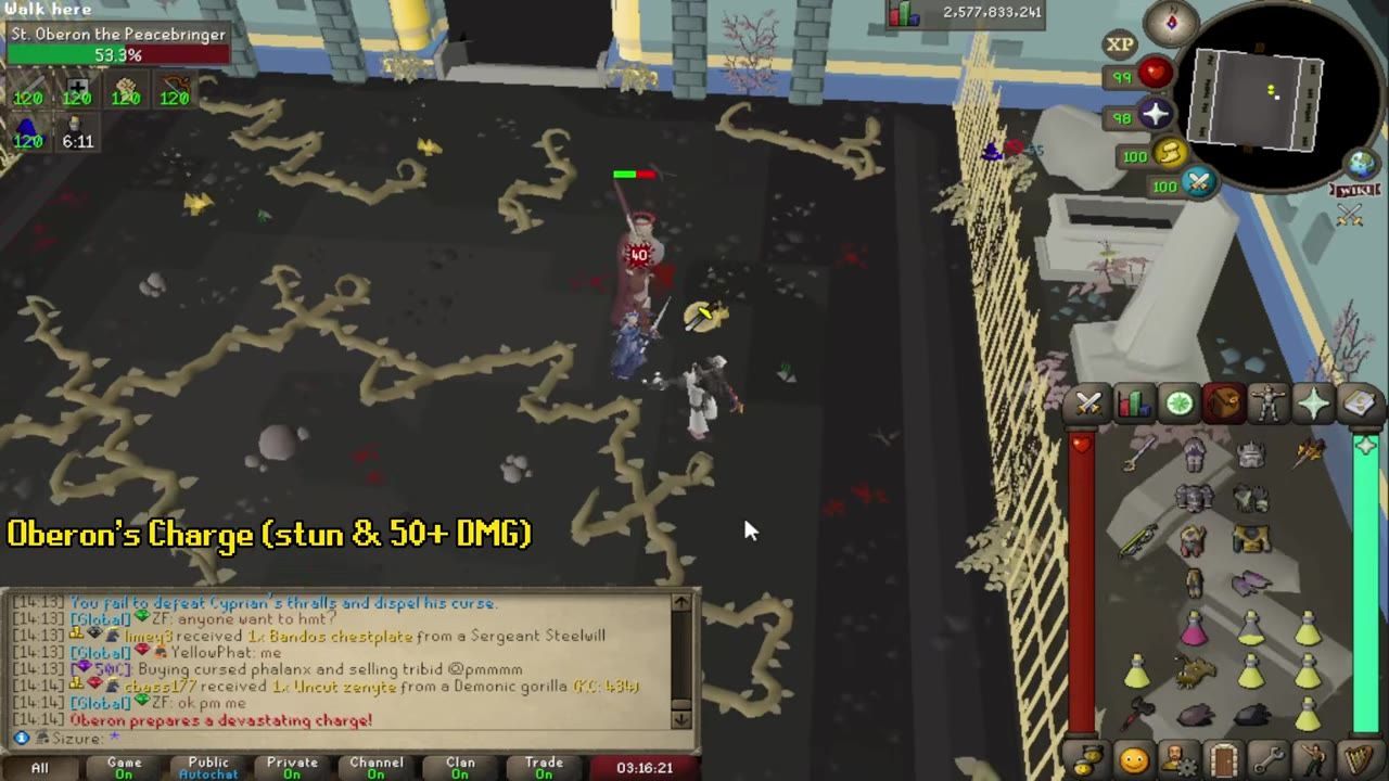 Oberon fights players in a game environment, with text indicating his charged attack.