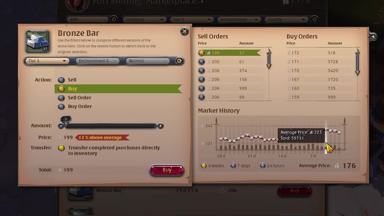 Marketplace interface showing price comparison for Tier 3 refined bars with sell orders, buy orders, and market history.