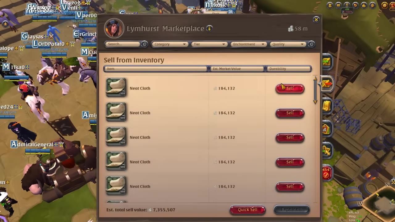 Marketplace interface showing 'Neat Cloth' listed for sale with market values and sell options visible.