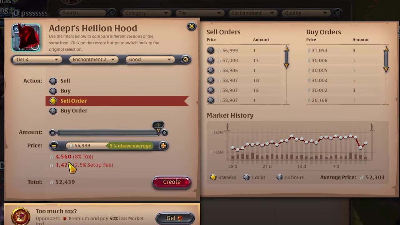 Marketplace interface showing options for selling items, sell orders, buy orders, and market history with a price graph.