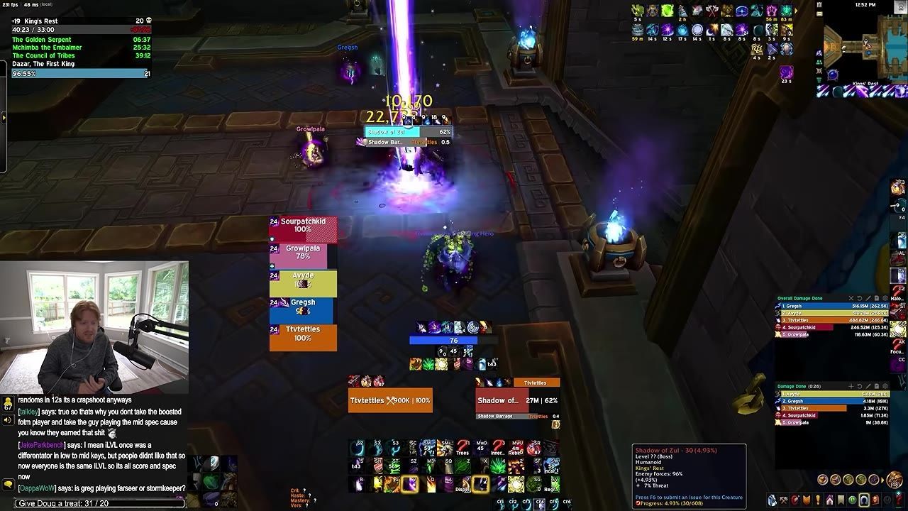 Gameplay image showing the Shadow of Zul enemy in the King's Rest dungeon with associated mechanics and player UI.