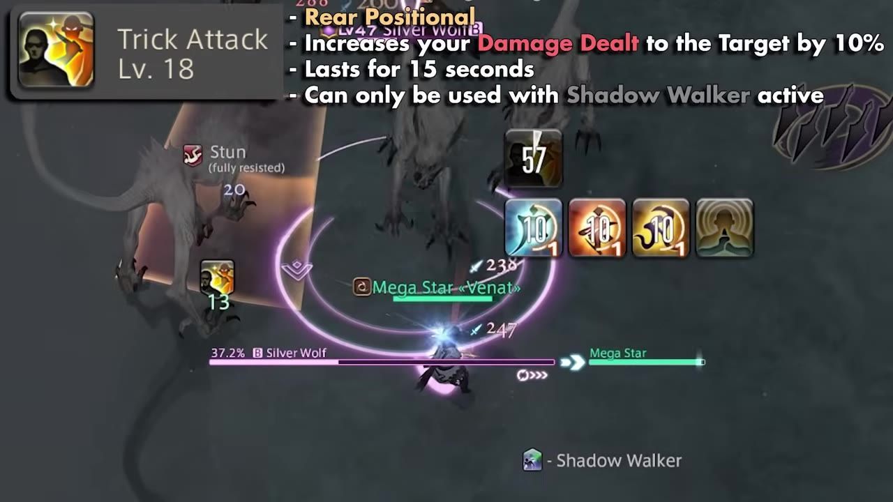 A game interface showing active abilities, with Trick Attack preparations and Shadow Walker active.