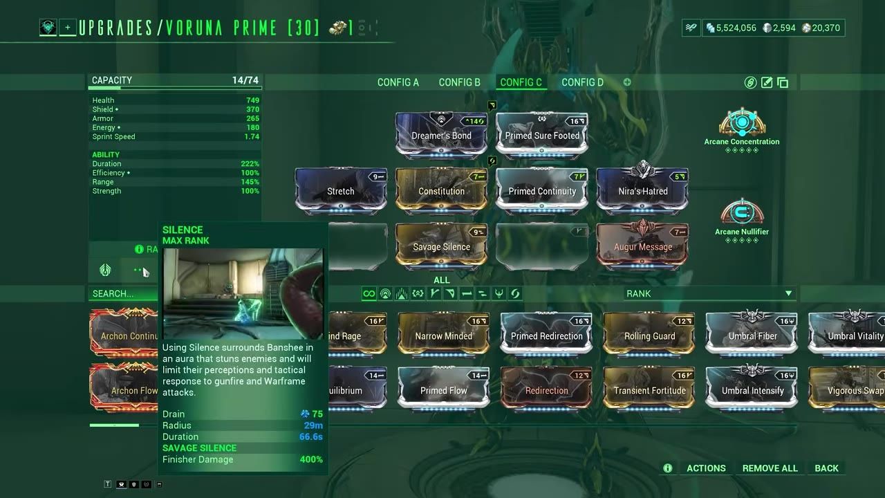 Banshee’s Silence ability setup is displayed with augment mods equipped in the Warframe mod configuration screen.