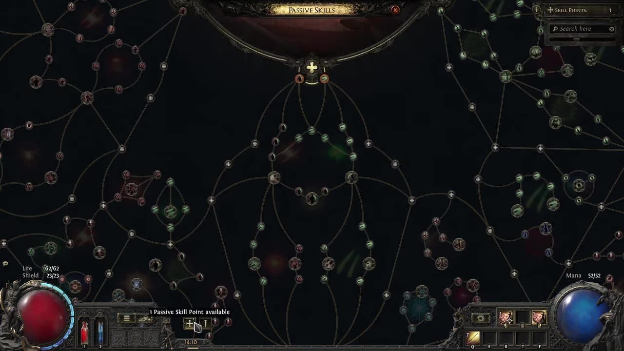 Image shows an expanded passive tree with skill points assignment interface.