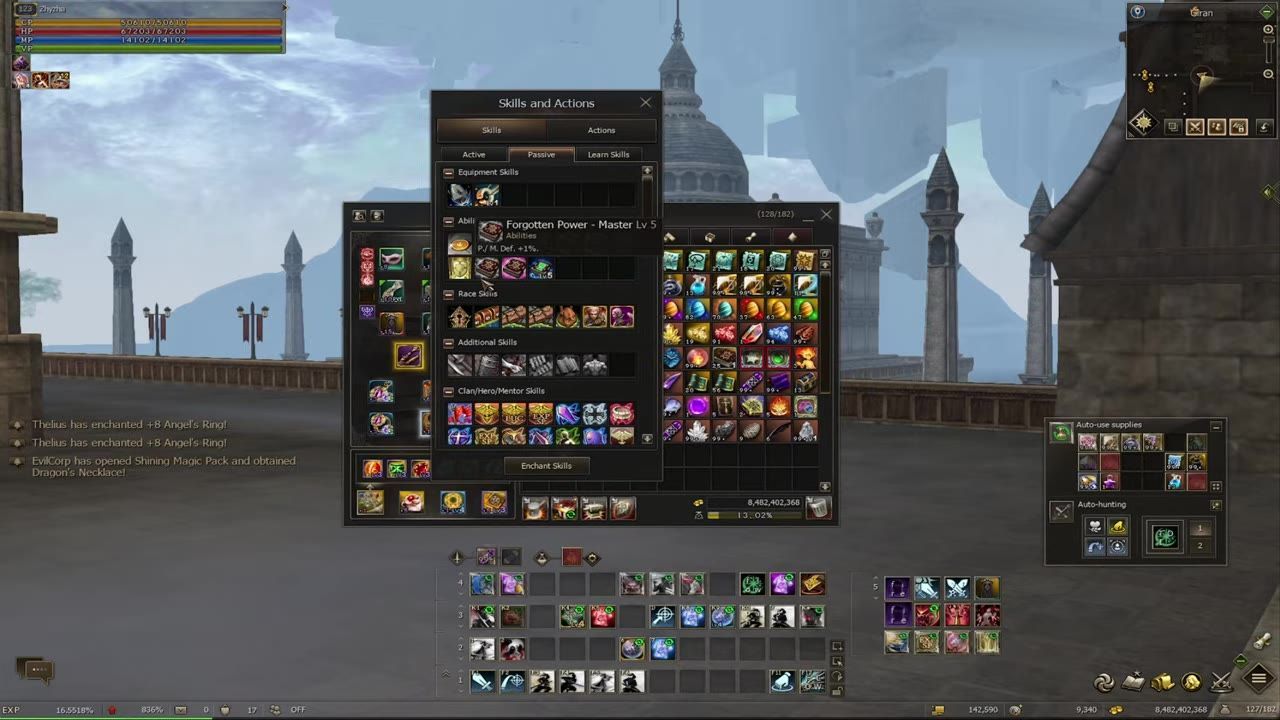 Game interface showing a skills and actions panel with several categorized skills and their levels.