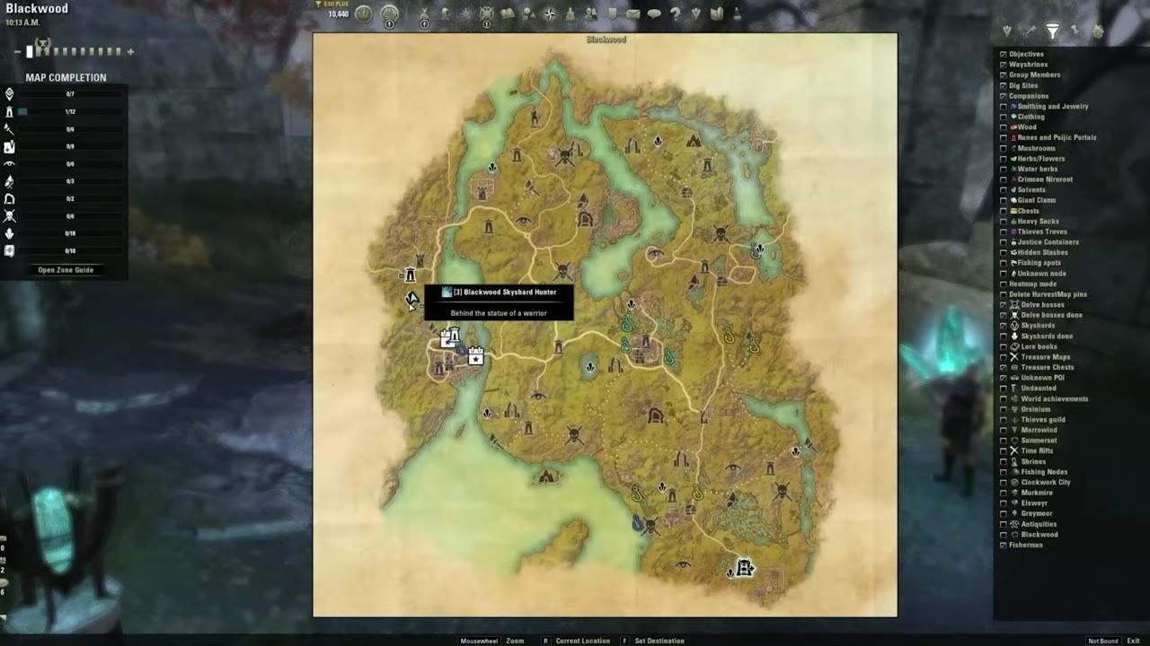 An in-game map showing a skyshard location in the Blackwood area, accompanied by a tooltip.