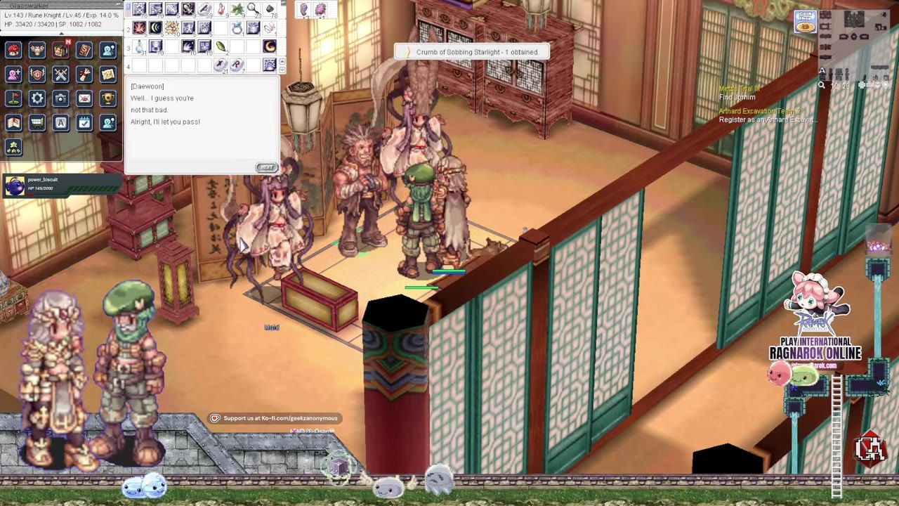 An in-game dialogue showing the player interacting with an NPC named Daewoon inside a decorated room, with an inventory interface and the message 'Crumb of Sobbing Starlight - 1 obtained.'.