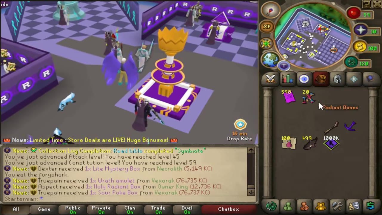 An altar in a gaming environment with players nearby and an inventory menu showing Radiant Bones.