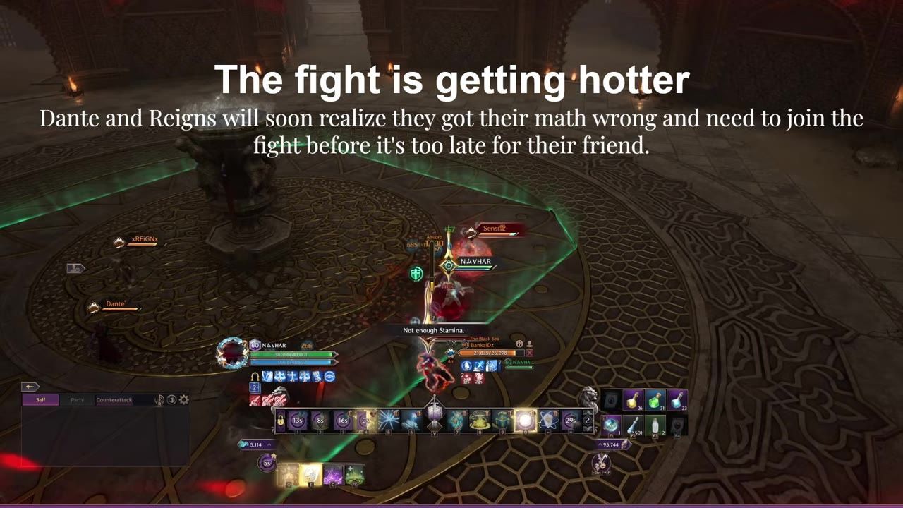 Gameplay showing a combat scenario with multiple characters using abilities in a patterned area.