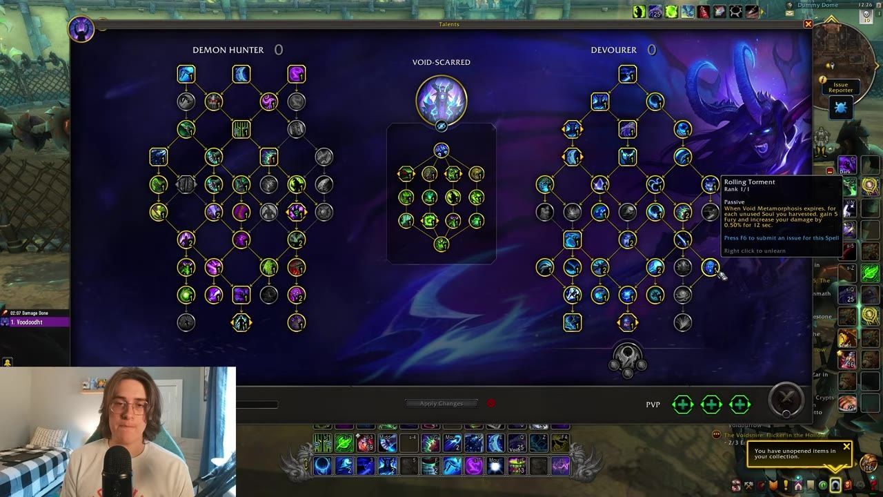A game talent screen showing comparison of Demon Hunter, Void Scarred, and Devourer builds, with tooltip details on the right.