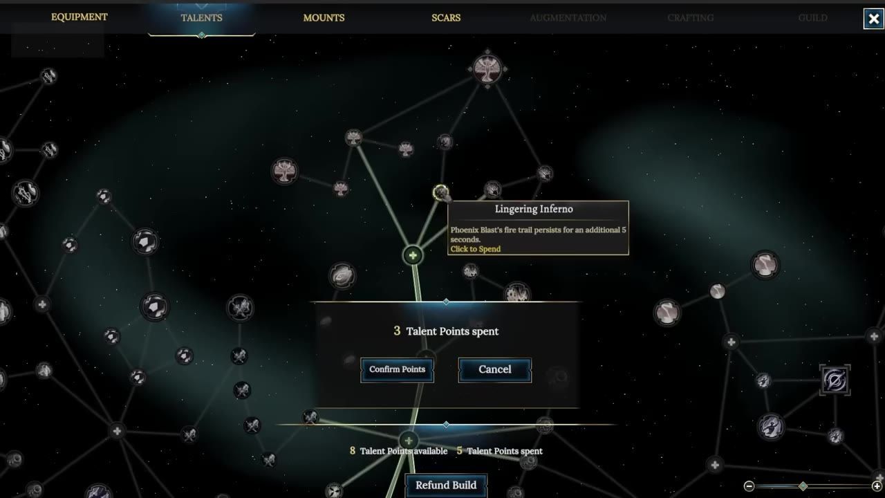 Screenshot showing a talent tree system with nodes and descriptions, along with a confirmation button.