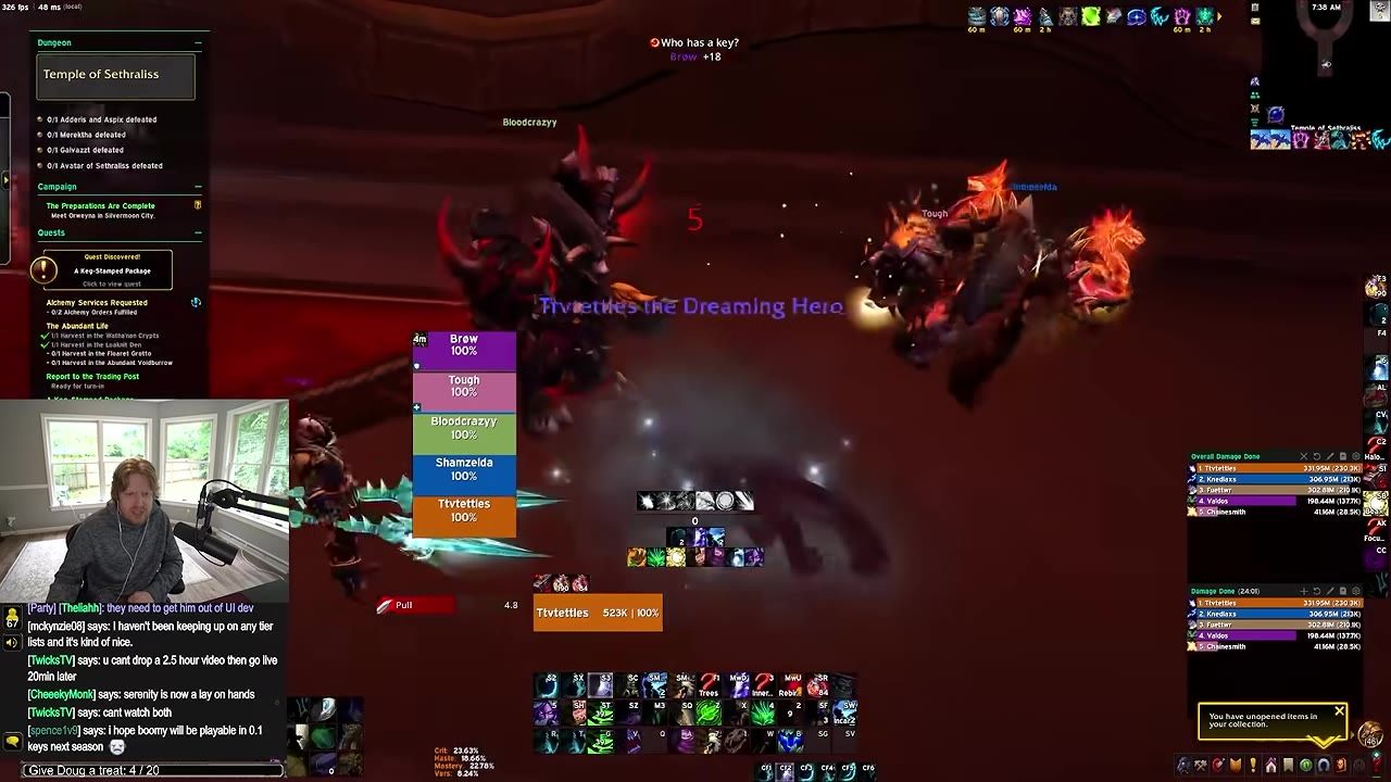 A World of Warcraft dungeon run is shown with the dungeon tracker open on Temple of Sethraliss and a boss fight in progress.