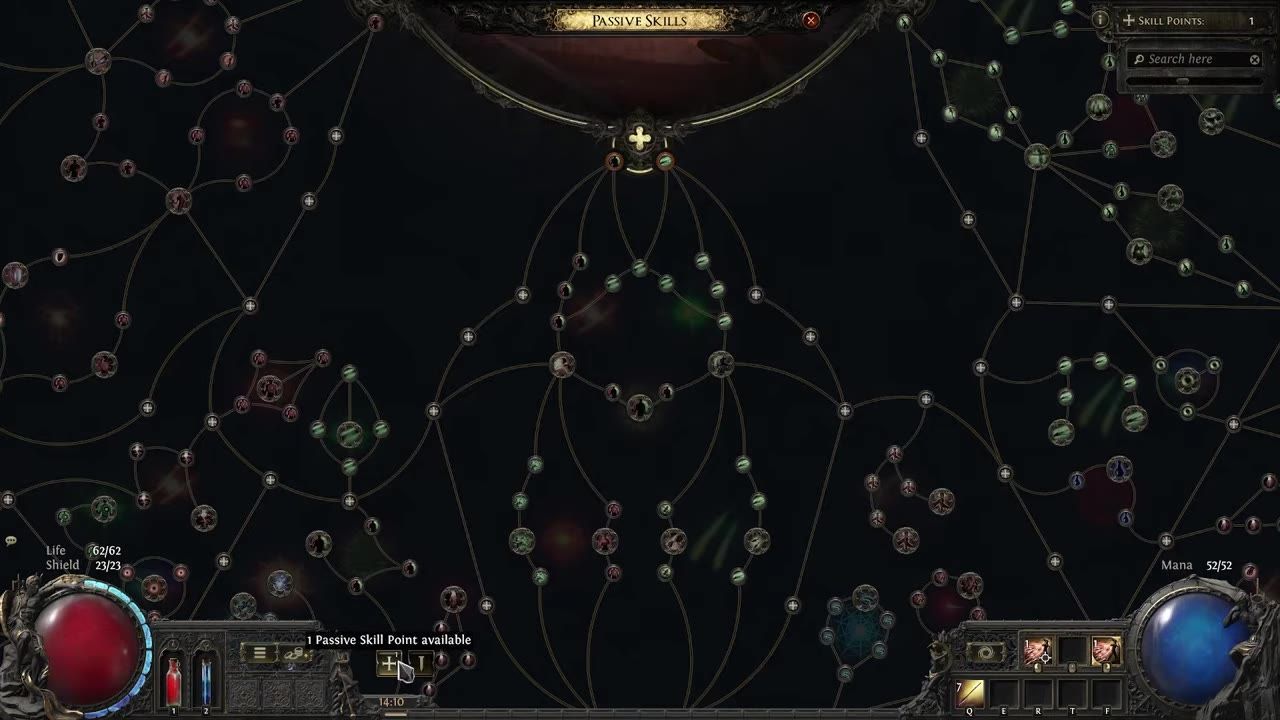 A screen showing the passive skill tree interface, with various nodes connected by lines.