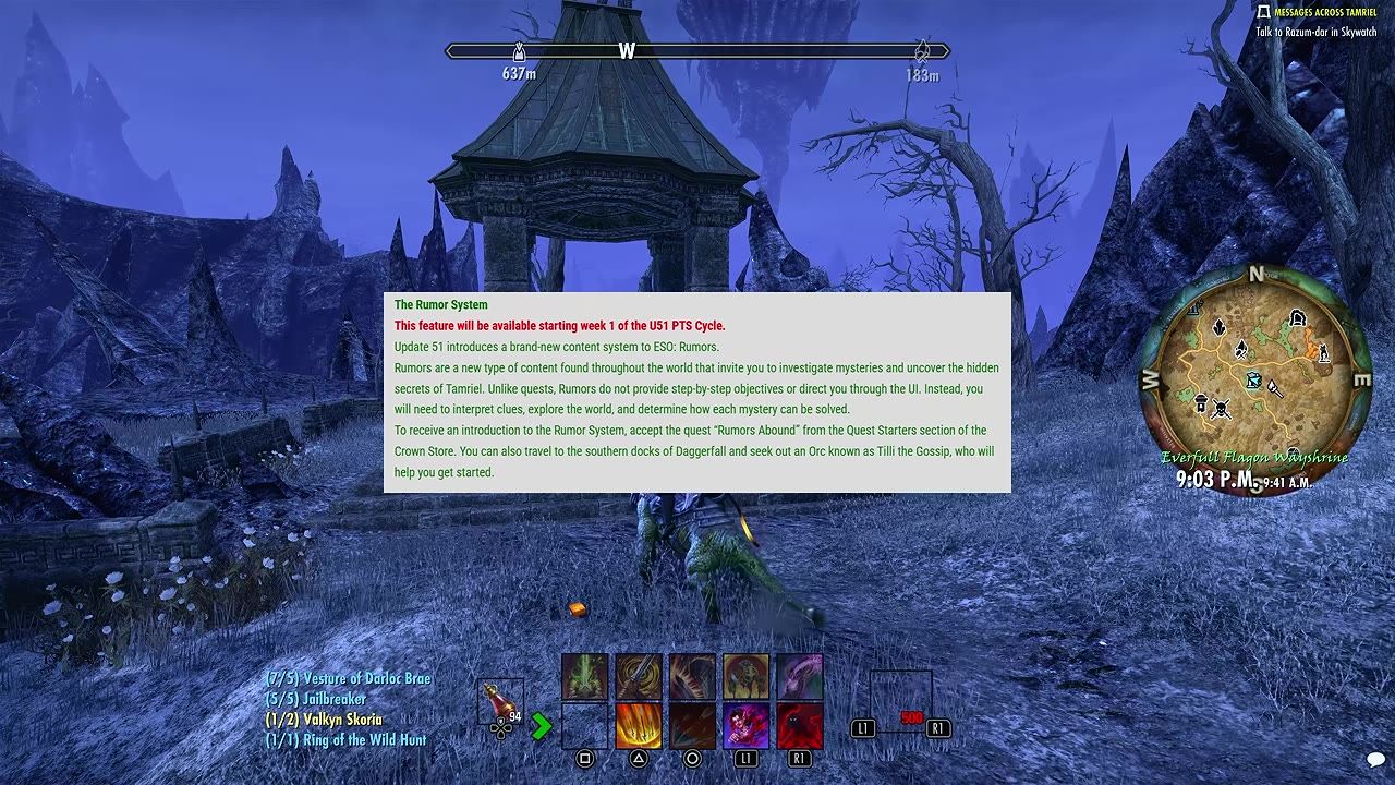 A game screen shows an in-game information panel titled The Rumor System over a landscape, with the minimap and quest UI visible.