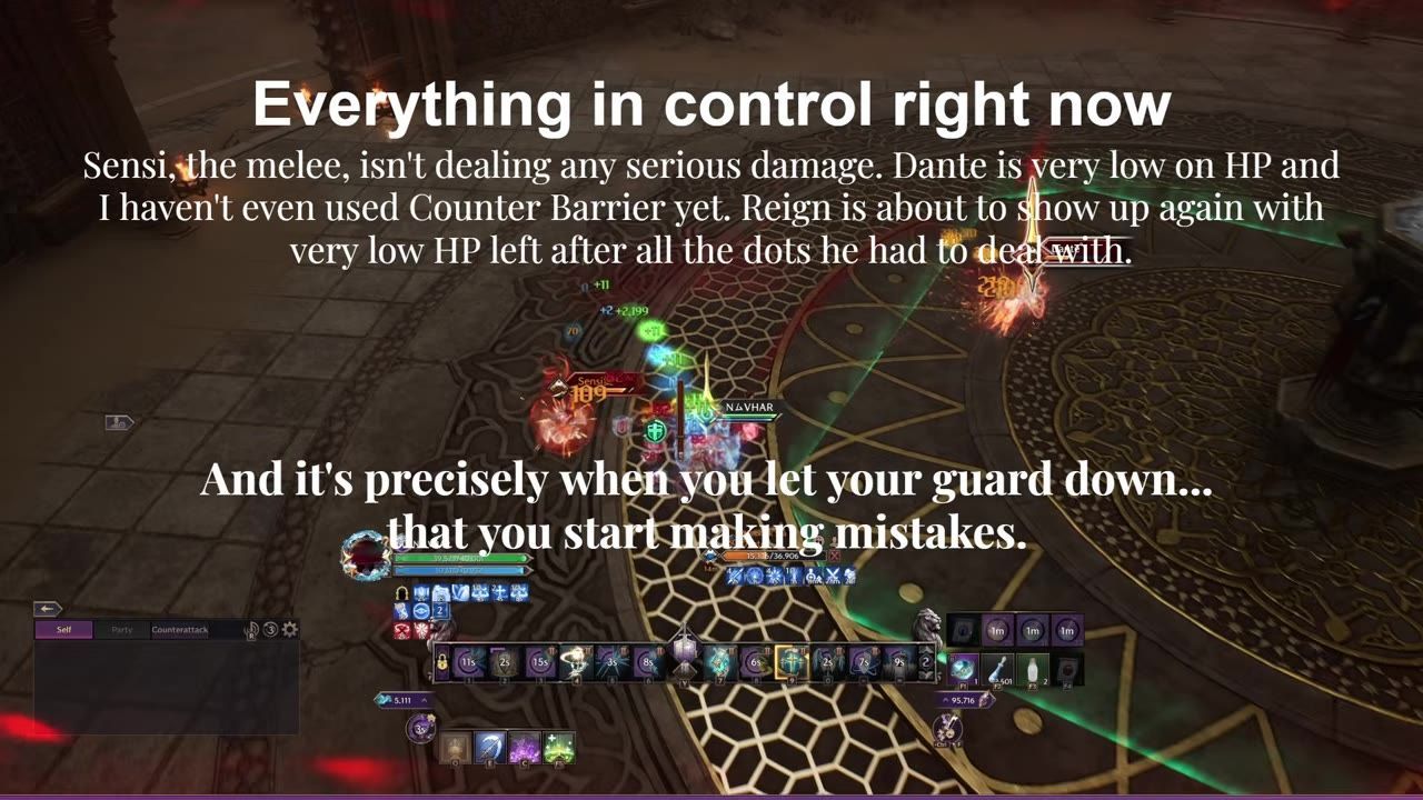 Gameplay showing a character engaged in combat with multiple on-screen UI elements displaying various stats and options.