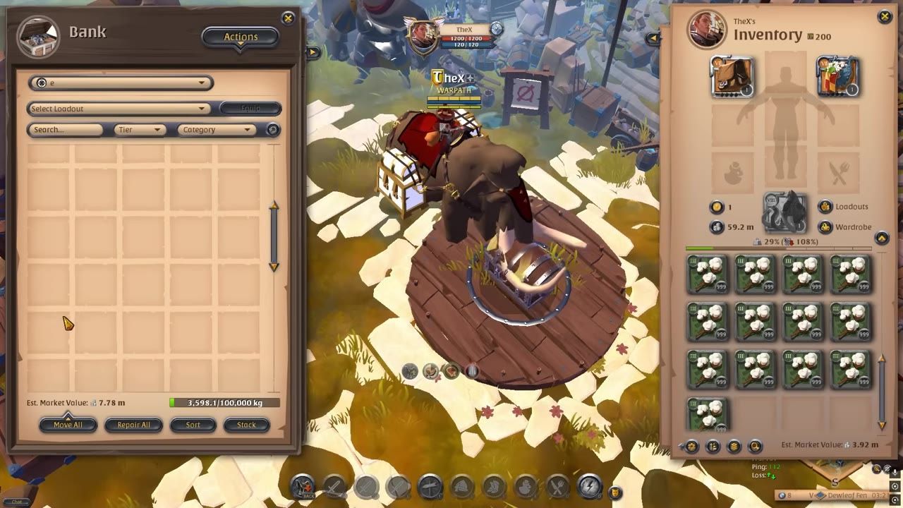 A game interface showing inventory and a loaded mammoth with fiber items.